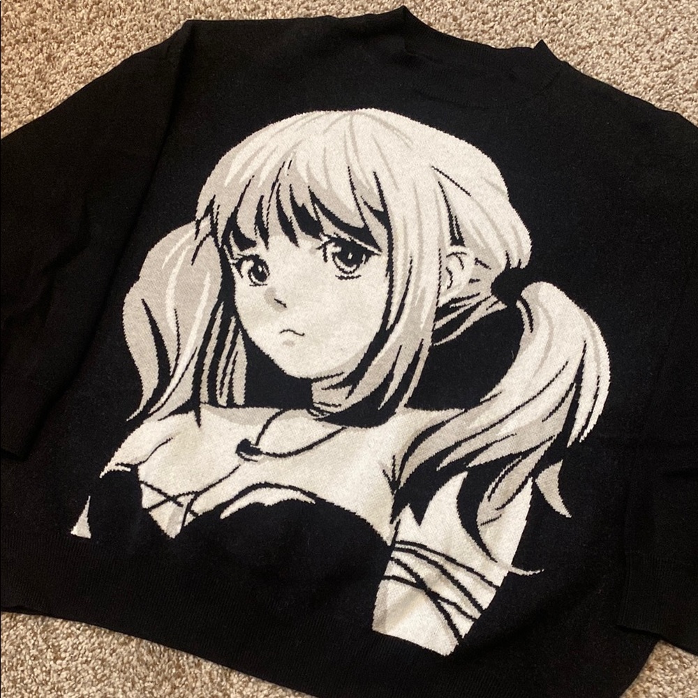 ROMWE Ladies Black Knit w/Miss Amane Death Note 3/4Sleeve Oversized Sweater L